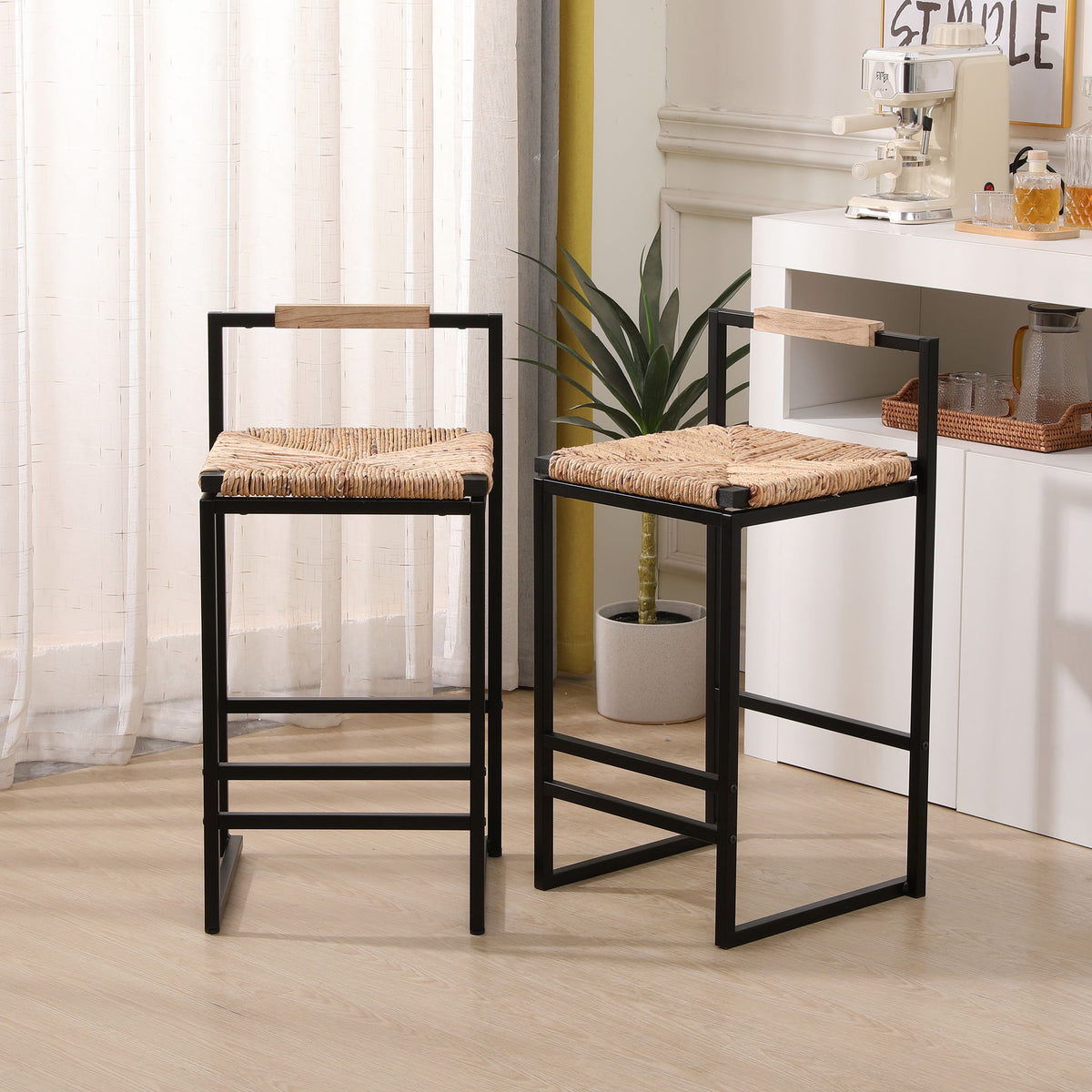 Set of 2 Water Hyacinth Counter-Height Bar Stools – Natural
