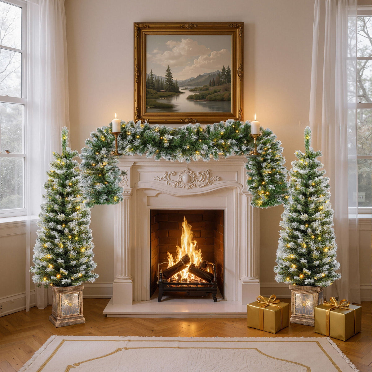Artificial Christmas 3 Piece Set Wreath And 2 Entrance Trees With LED Lights