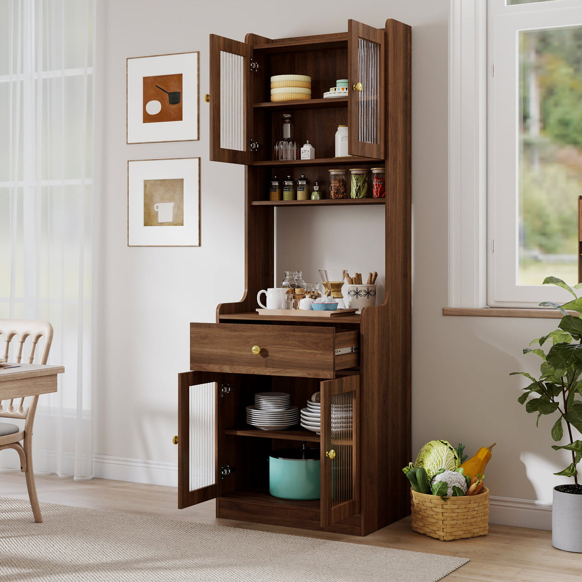 Farmhouse Kitchen Pantry Hutch with Microwave Stand – White