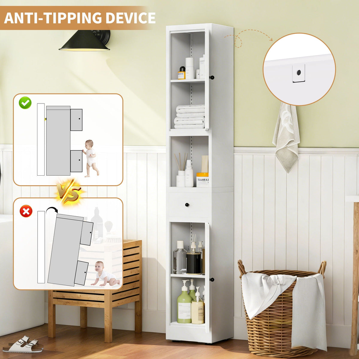 Tall Narrow 5-Tier Bathroom Storage Cabinet – White
