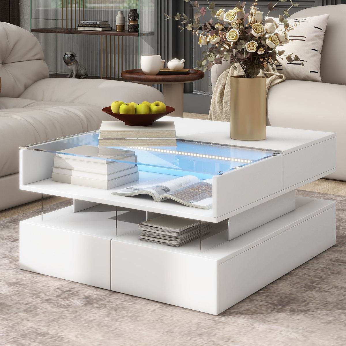 Lift-Top Coffee Table with LED Lighting & Hidden Storage – White