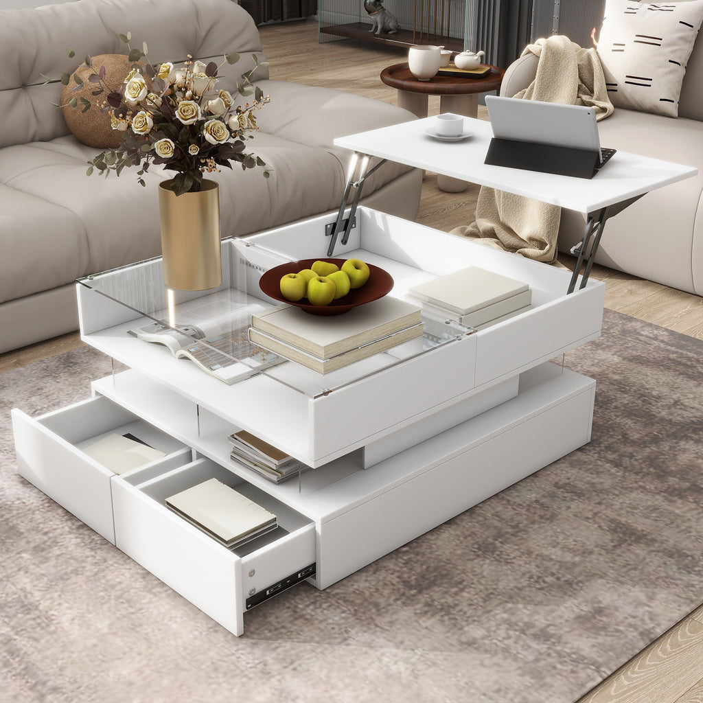 Lift-Top Coffee Table with LED Lighting & Hidden Storage – White