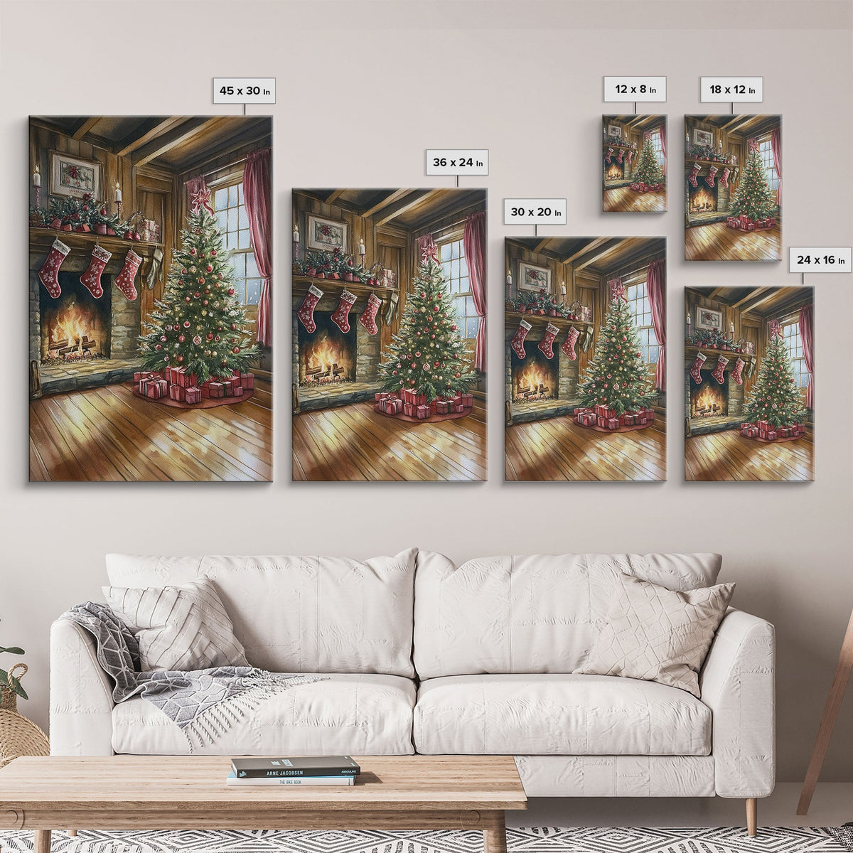 Cozy farmhouse Christmas interior Framed Canvas Print with tree stockings and fireplace, warm holiday art rustic Christmas decor mantle