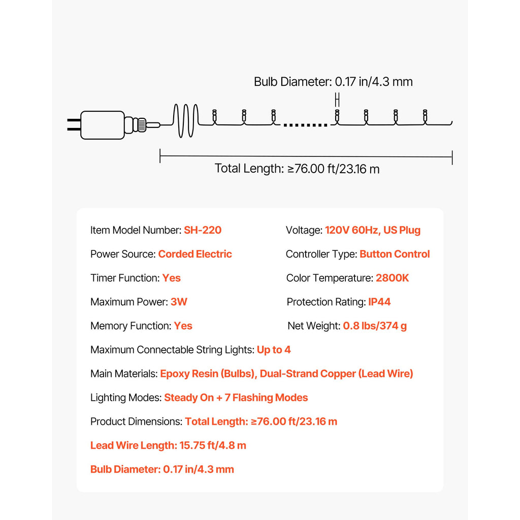 LED Christmas String Lights with 200 LEDs - Warm White - 76 Ft