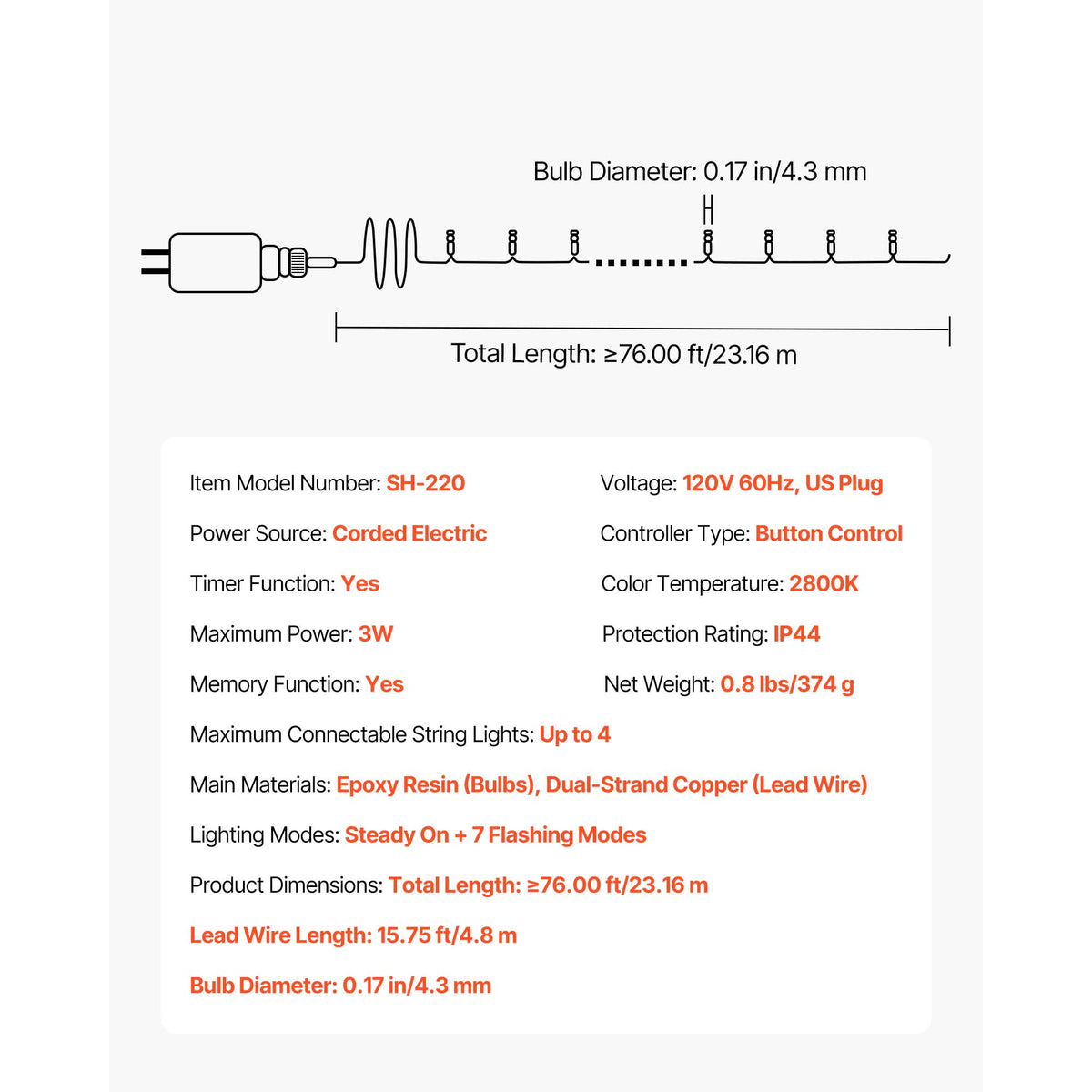 LED Christmas String Lights with 200 LEDs - Warm White - 76 Ft