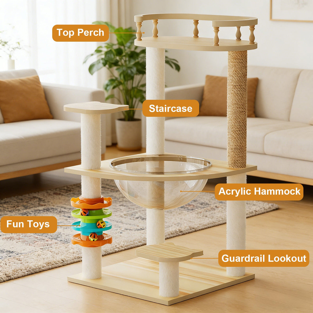 Modern Cat Tower with Scratching Posts and Acrylic Hammock - Natural+White