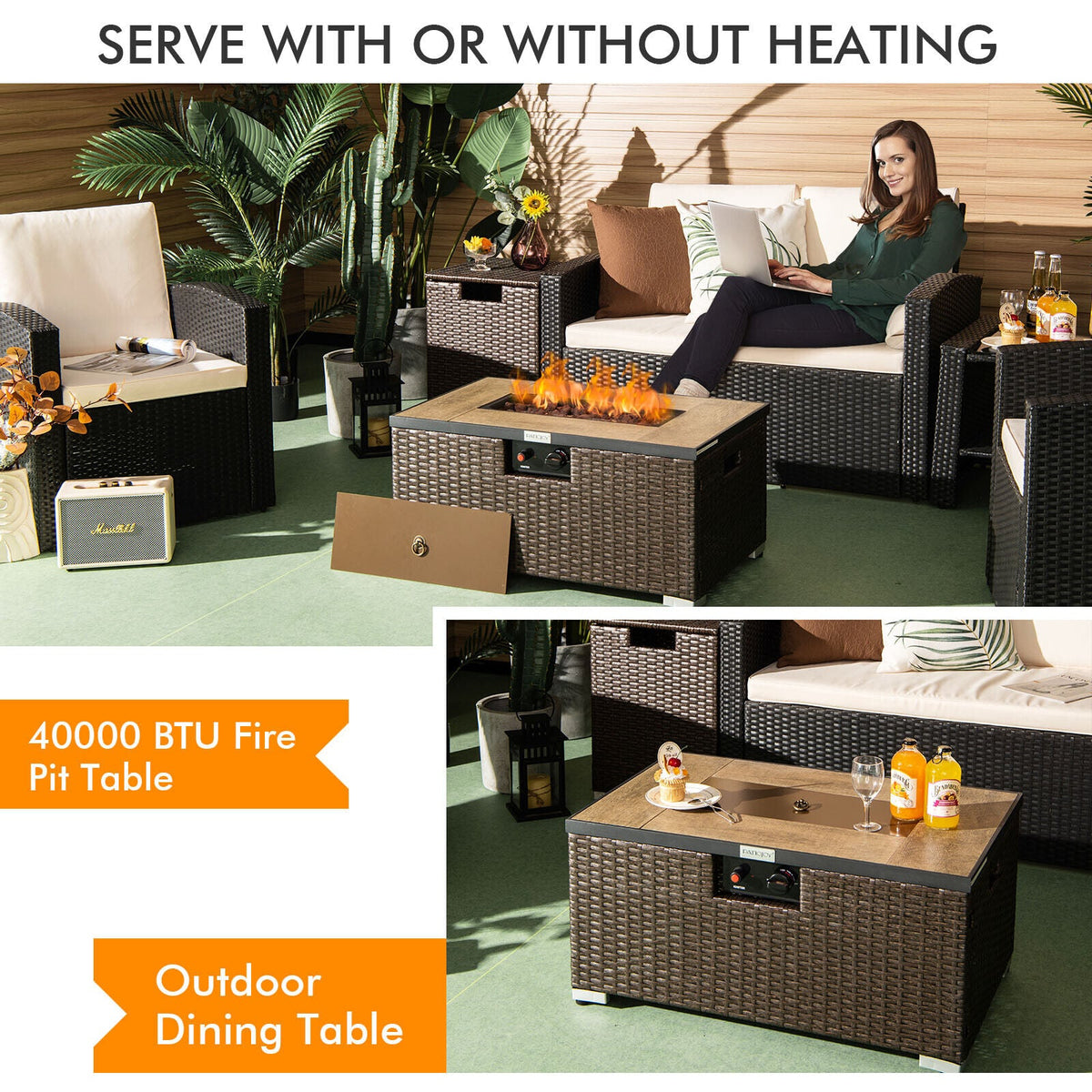 Propane Rattan Fire Pit Table Set with Side Table