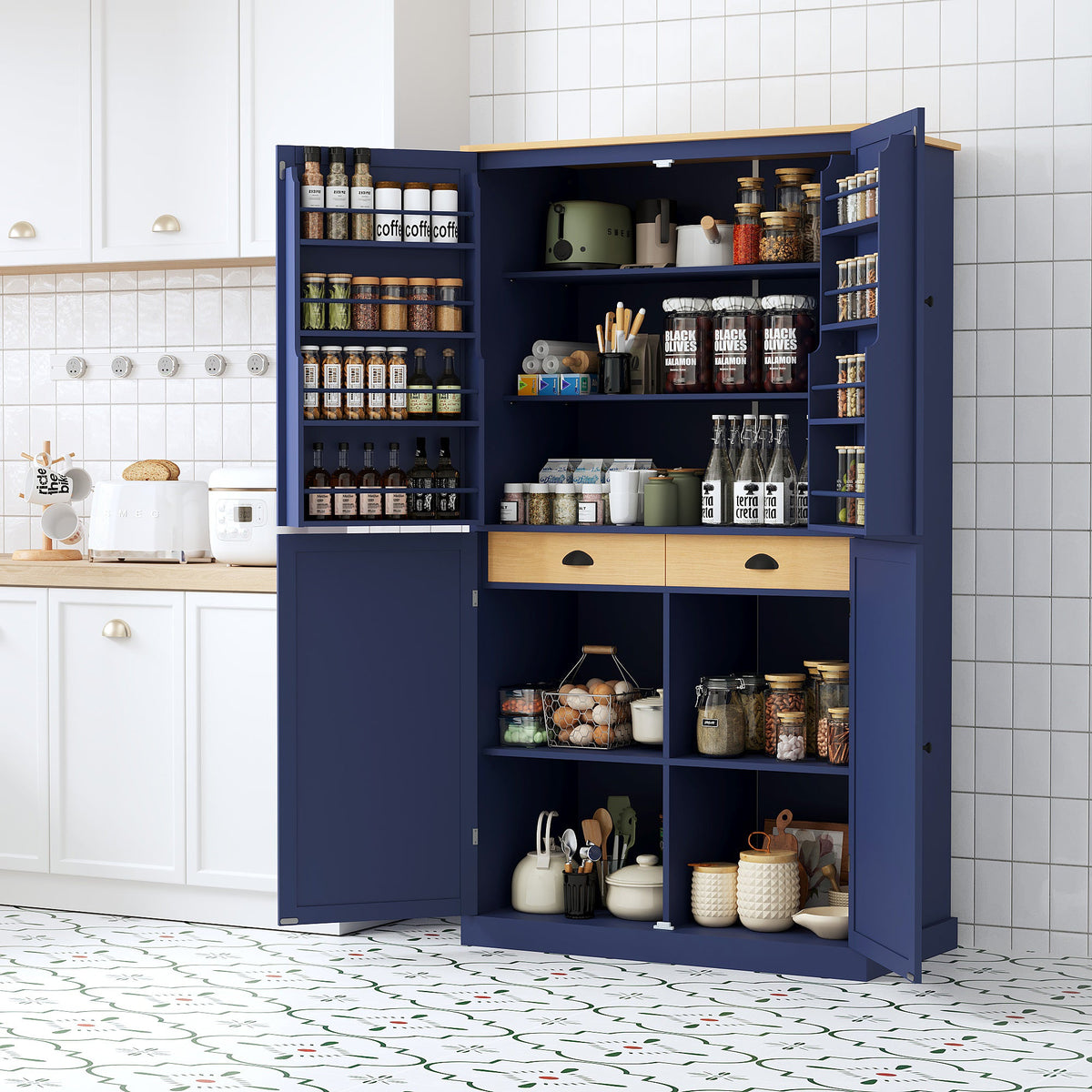 71-Inch Freestanding Kitchen Pantry Cabinet – Blue or Gray
