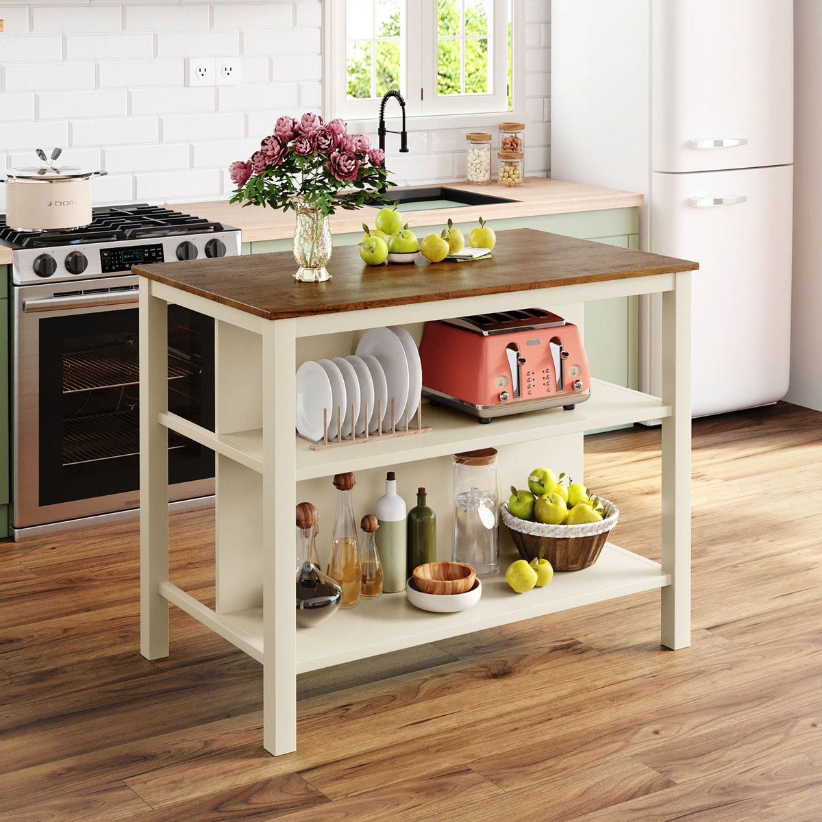 3-Piece Rustic Kitchen Island & Stool Set – Light Brown