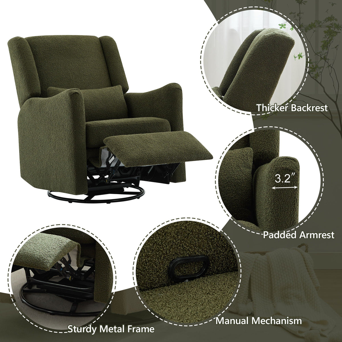 Wide Wingback 360° Swivel Glider Rocker Recliner – Dark Green or Beige