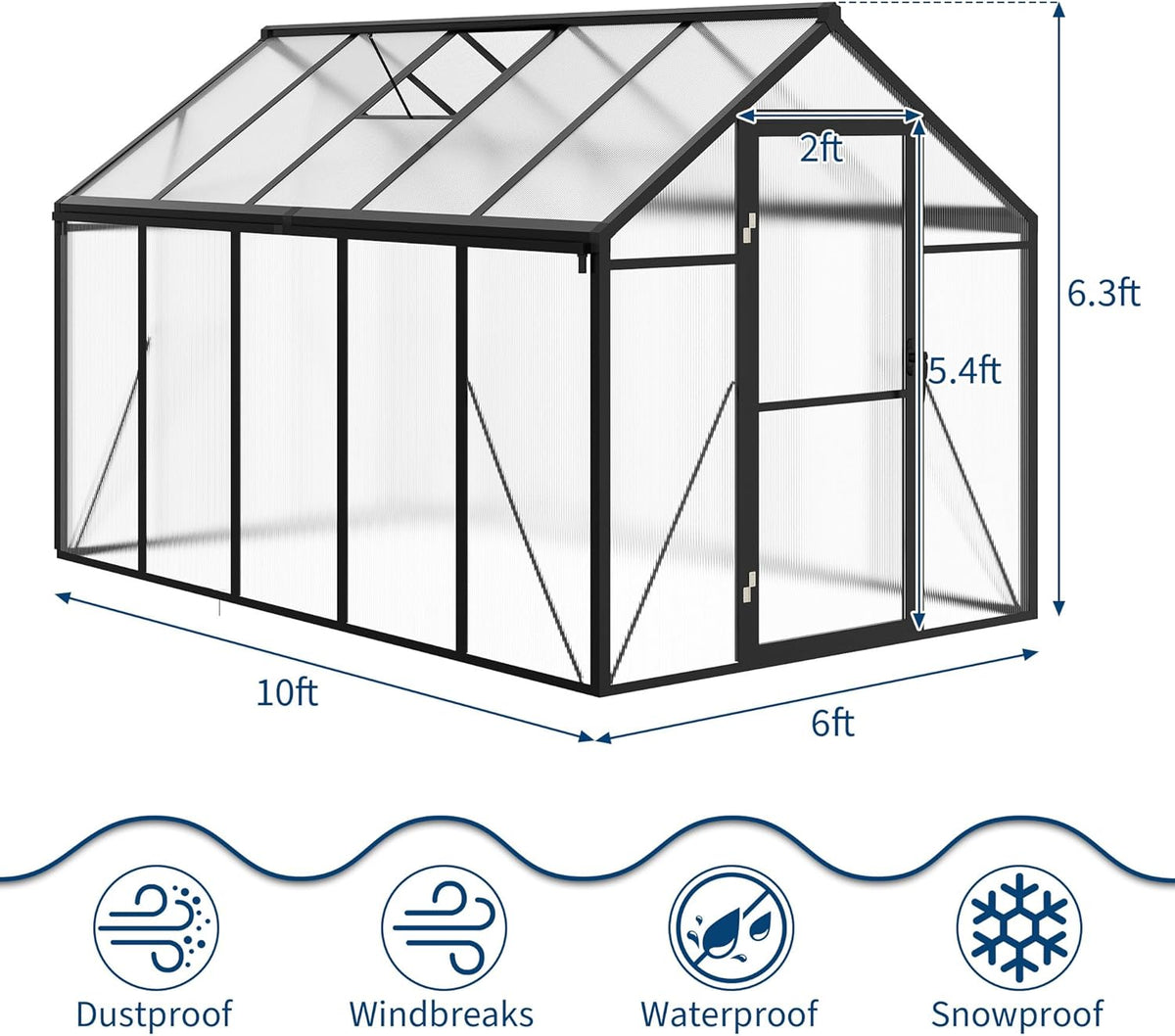 Black Walk-In Polycarbonate Greenhouse with Roof Vents