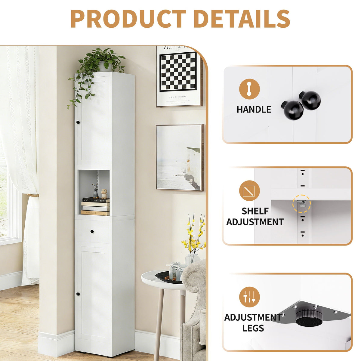 Tall Narrow 5-Tier Bathroom Storage Cabinet – White