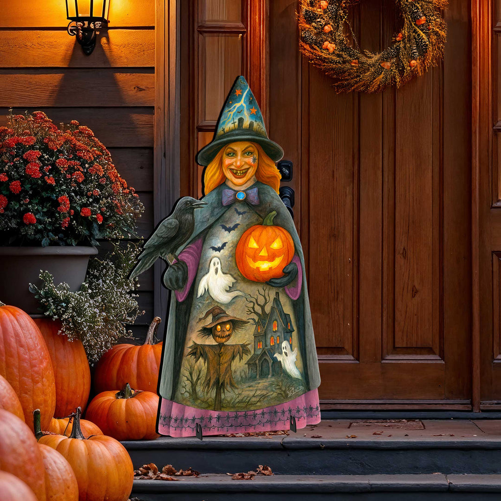 Halloween Witch Freestanding Outdoor Décor – Handcrafted Wooden Yard Display by G. DeBrekht – 8652834F