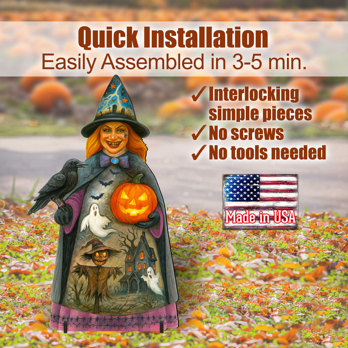 Halloween Witch Freestanding Outdoor Décor – Handcrafted Wooden Yard Display by G. DeBrekht – 8652834F