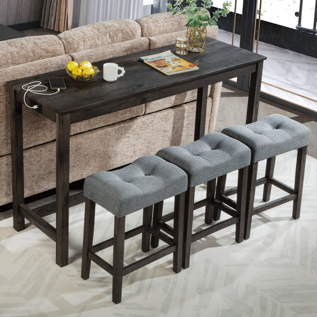 4-Piece Bar Table Set with Power Outlet & 3 Padded Stools – Dark Gray