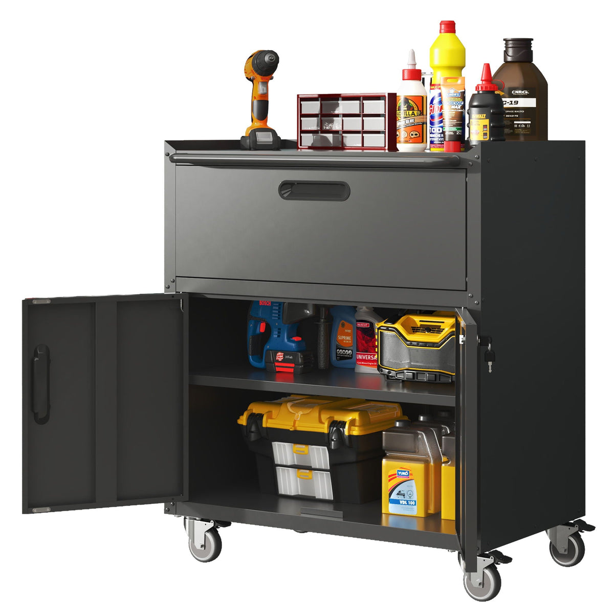 Mobile Metal Tool Cabinet with Locking Doors