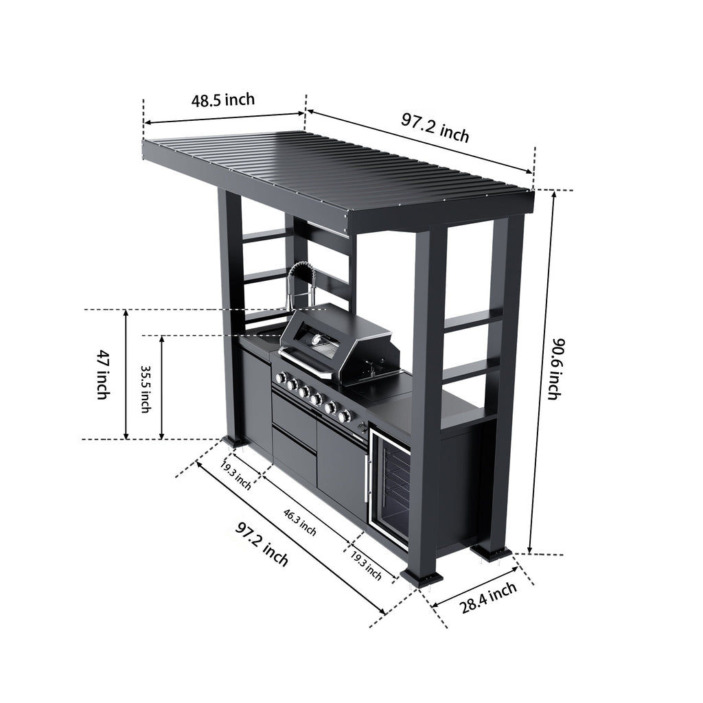 97-Inch Stainless Steel Outdoor Kitchen Grill with Granite Countertops