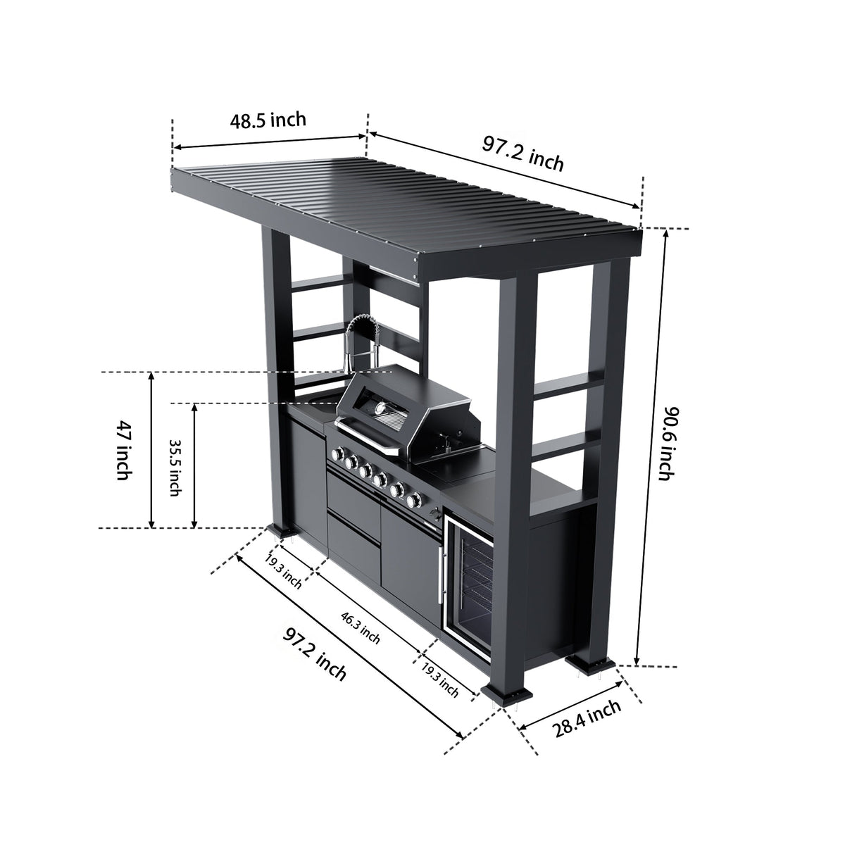 97-Inch Stainless Steel Outdoor Kitchen Grill with Granite Countertops