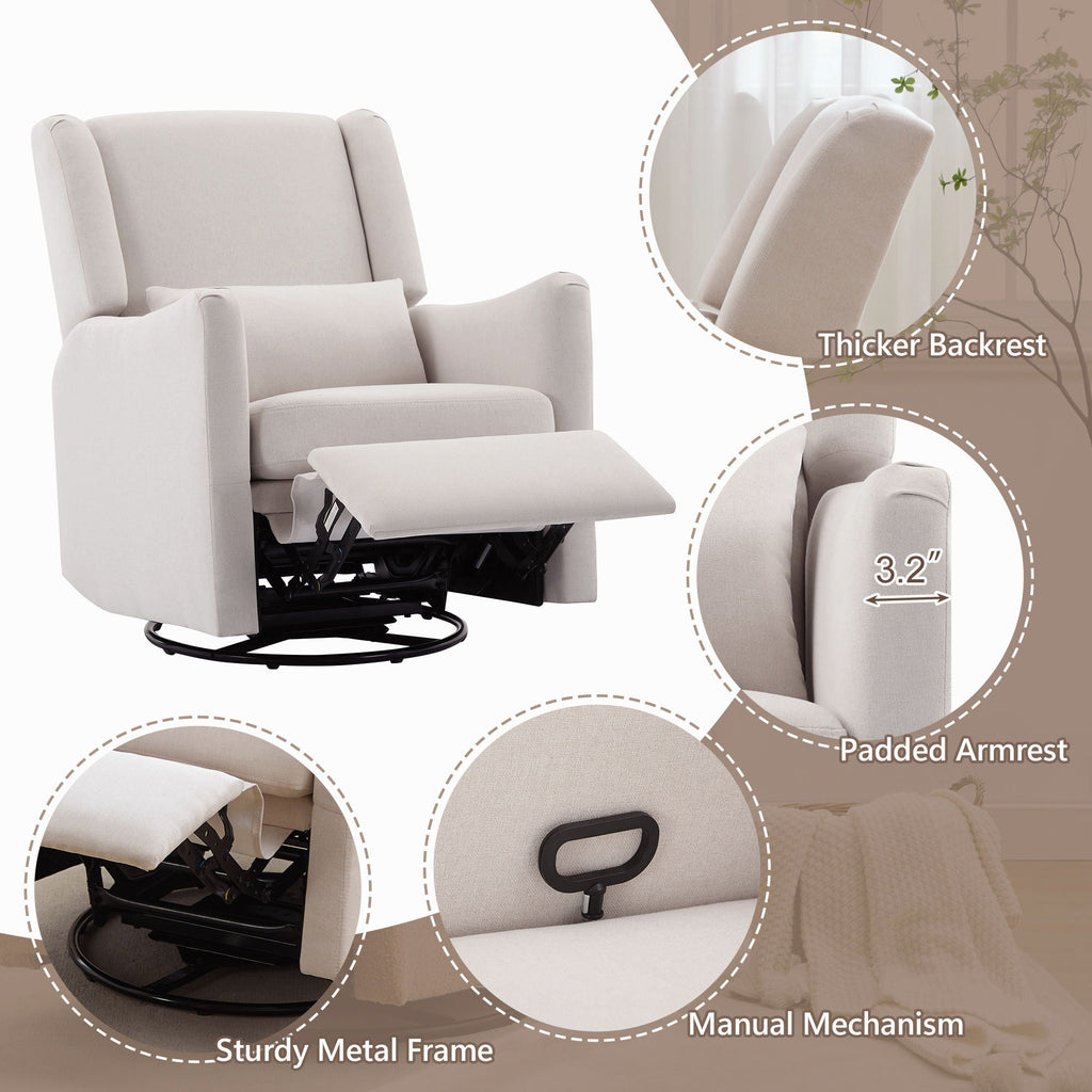 Wide Wingback 360° Swivel Glider Rocker Recliner – Dark Green or Beige