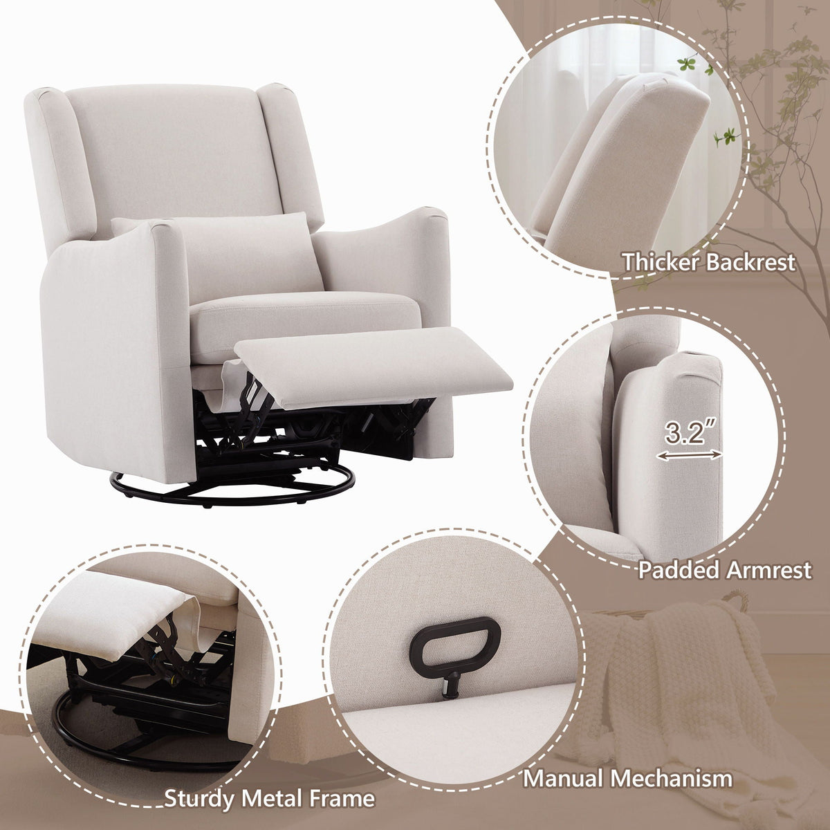 Wide Wingback 360° Swivel Glider Rocker Recliner – Dark Green or Beige