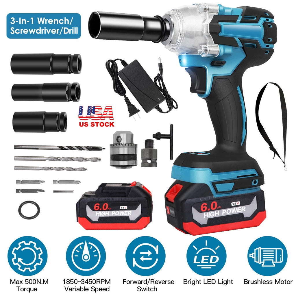 3-In-1 Cordless Electric Impact Wrench Drill Screwdriver with Brushless Motor Max 3450RPM Variable Speed 2Pcs 6.0Ah Batteries 3 Sockets 3 Screwdriver