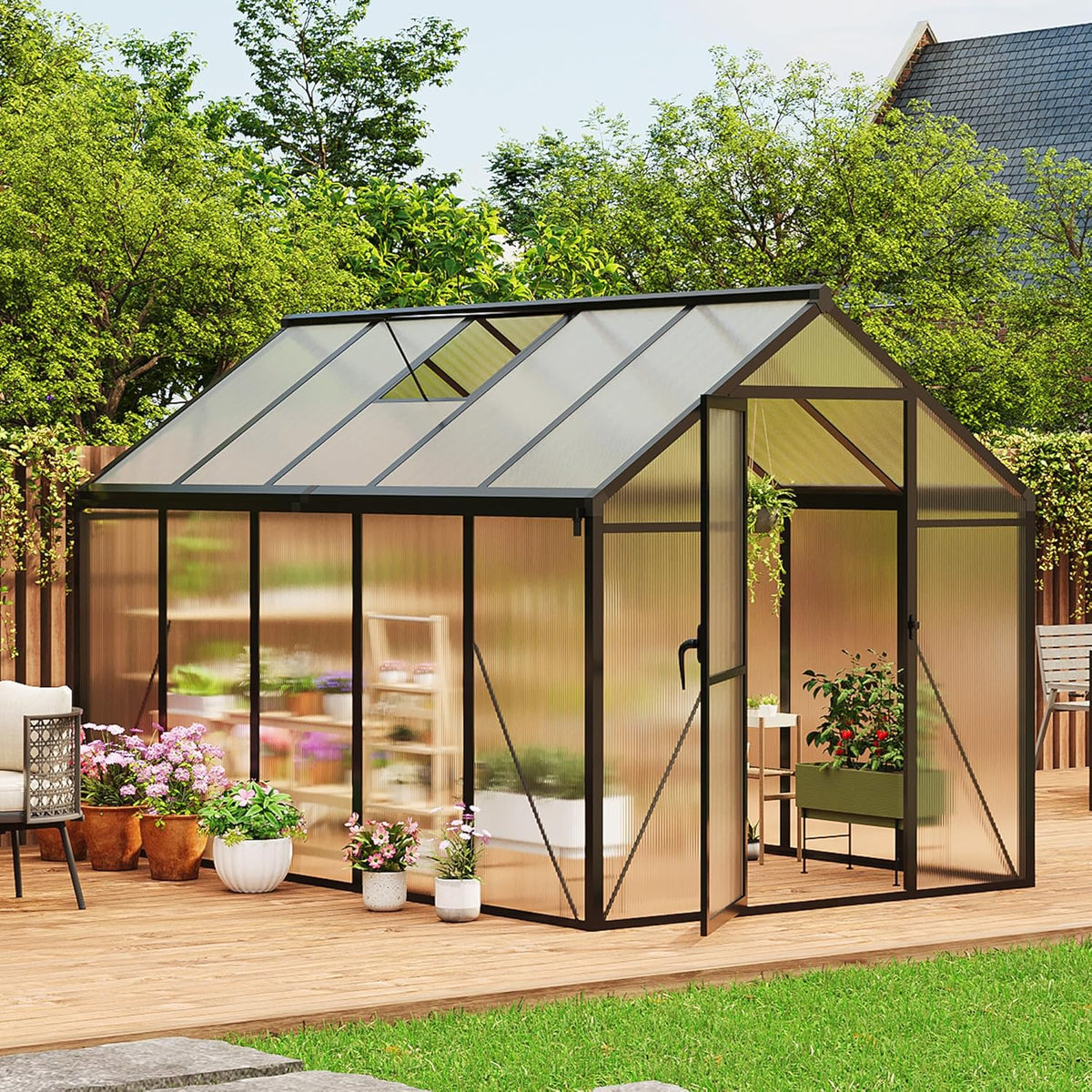 Black Walk-In Polycarbonate Greenhouse with Roof Vents
