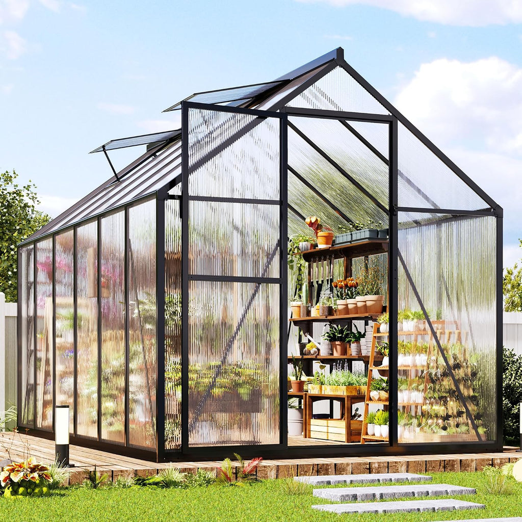 Black Walk-In Polycarbonate Greenhouse with Roof Vents