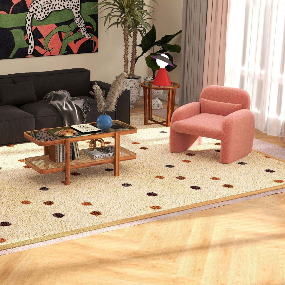 Modern Living Room Furniture Set (Bookcase + Coffee Table + End Table + Accent Chair)