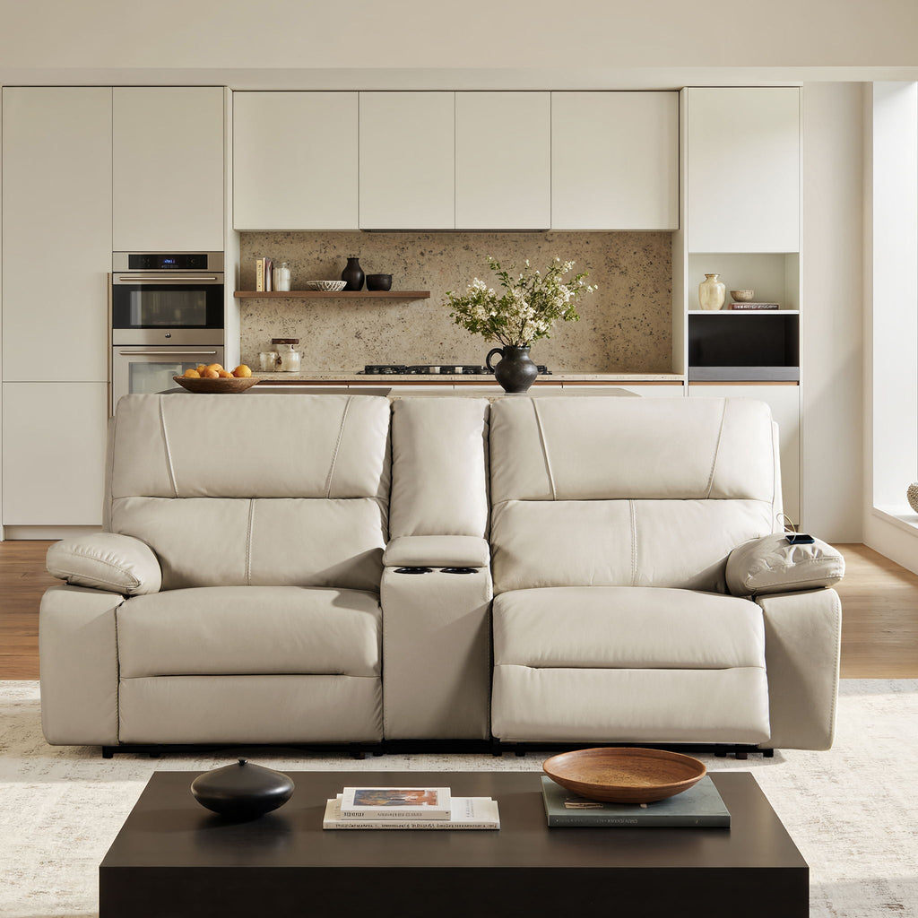 2-Seat Power Reclining Loveseat with Console & Cup Holders – Cream Taupe