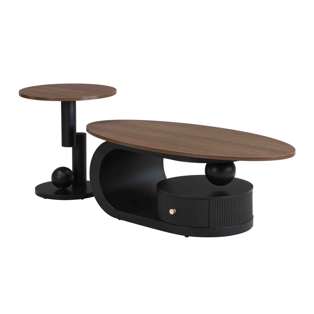 Luxury Nesting Coffee Table Set of 2,  Tables with Storage for Living Room, Oval and Round Table Set, Black Center Table, Cocktail Table, Side Table,  Large 47.24'', Small 19.69''