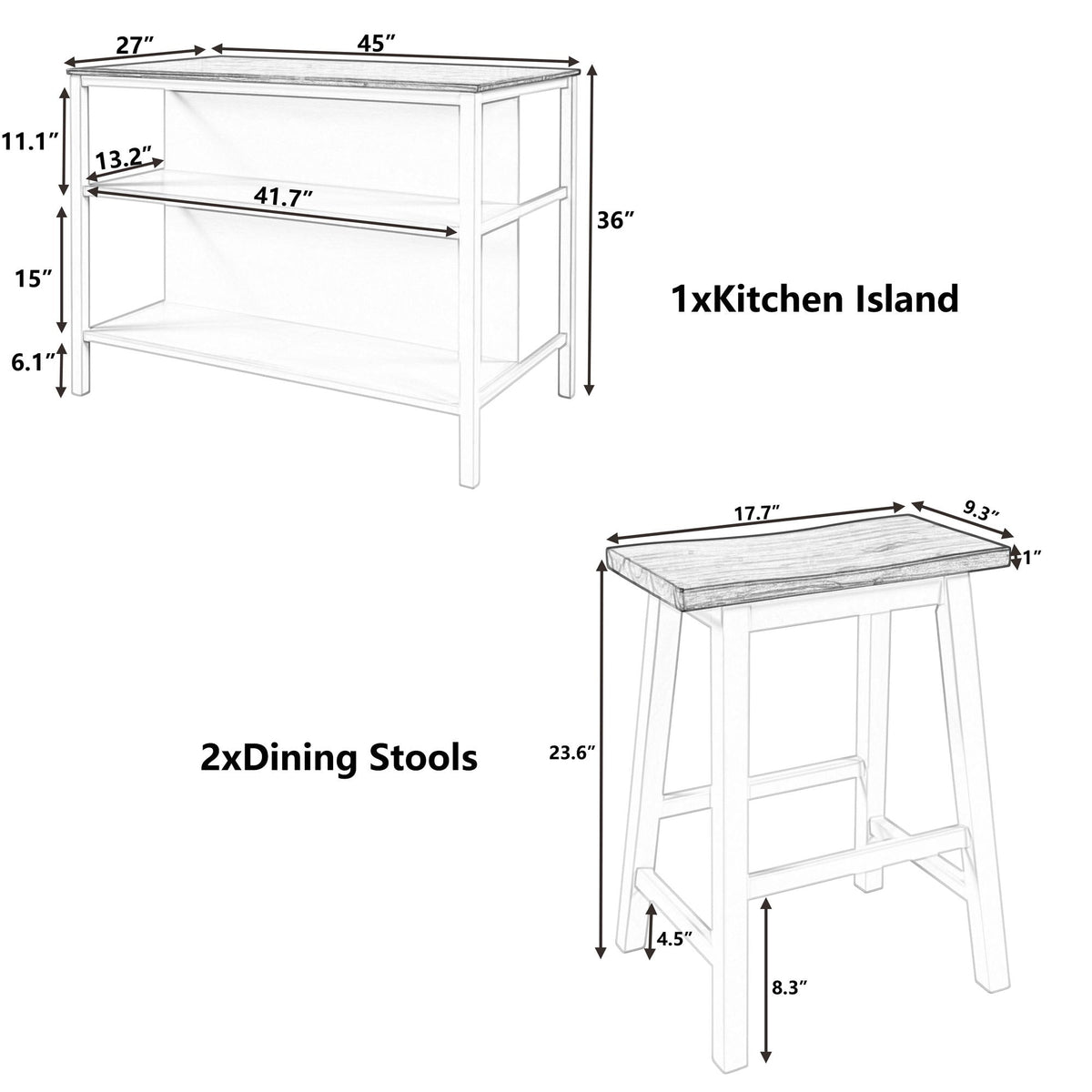 3-Piece Rustic Kitchen Island & Stool Set – Light Brown