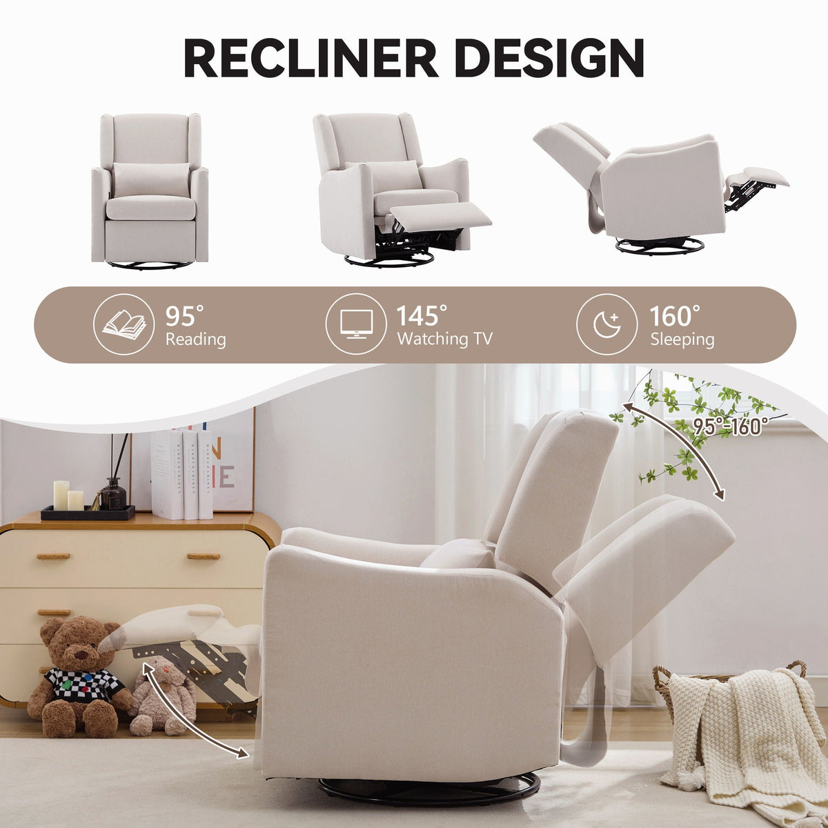 Wide Wingback 360° Swivel Glider Rocker Recliner – Dark Green or Beige