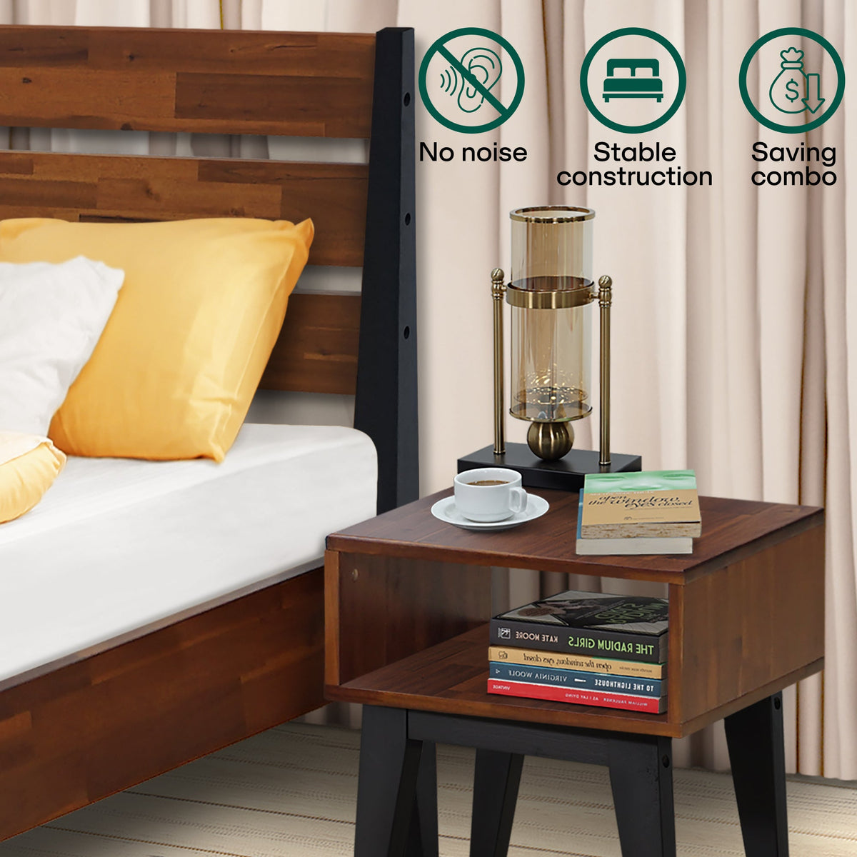 Emery Solid Wood King Bed Frame & Nightstand Set