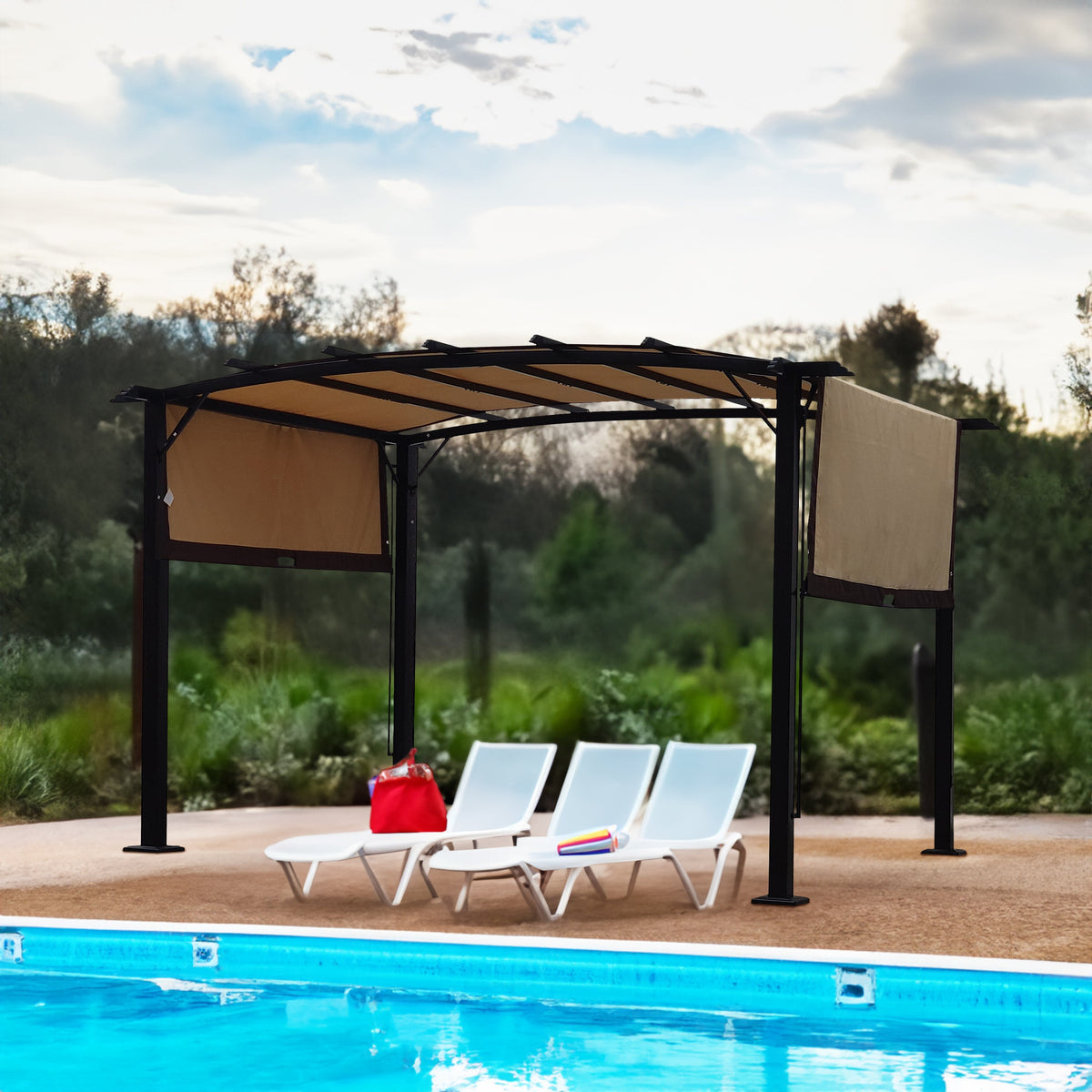 12' x 9' Steel Pergola Gazebo with Retractable Canopy