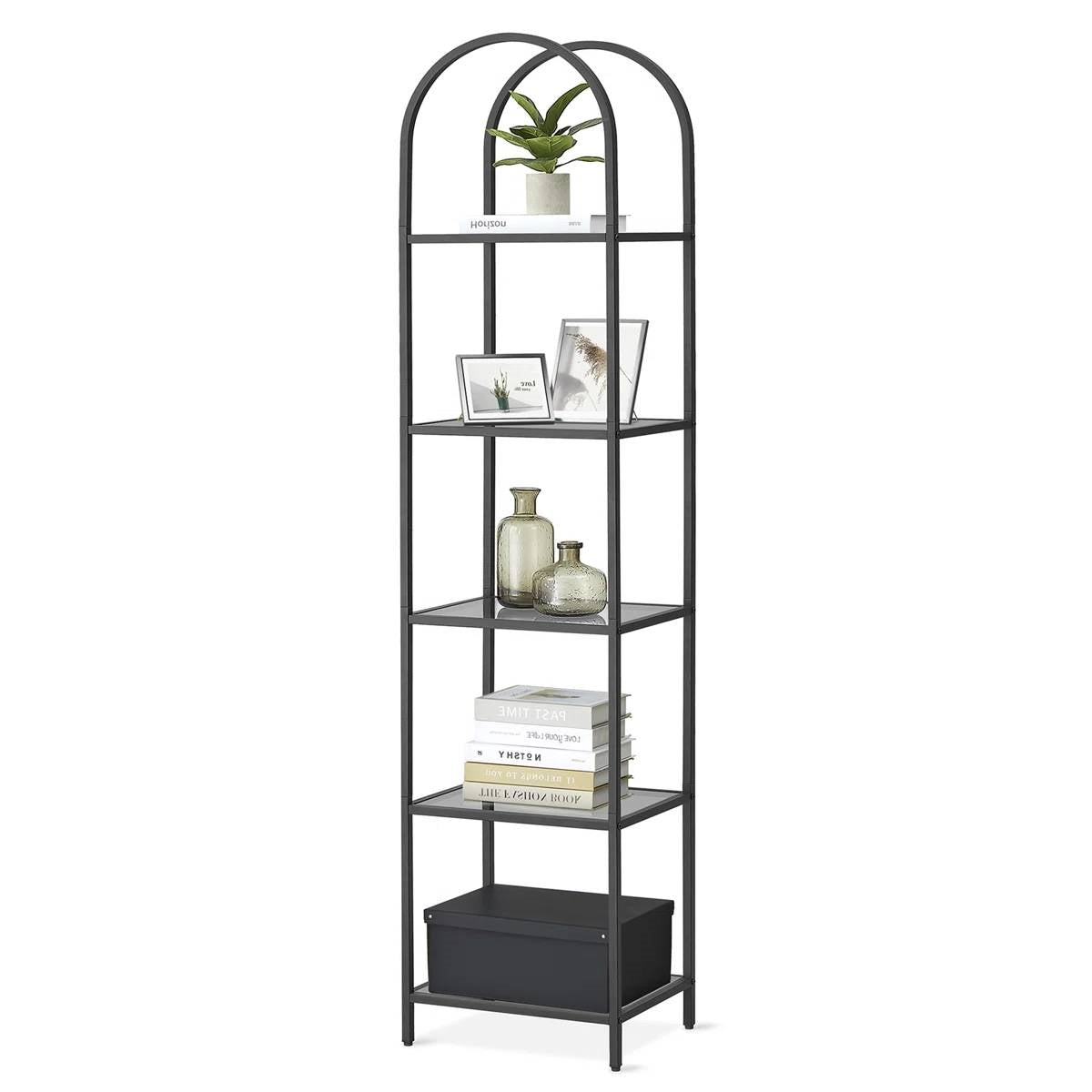Arched Black Metal Bookcase with Glass Shelves
