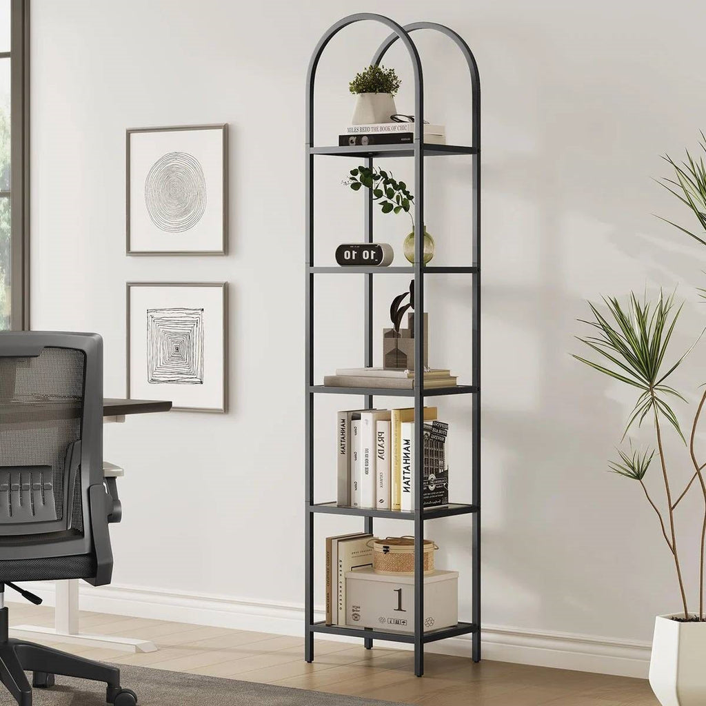 Arched Black Metal Bookcase with Glass Shelves