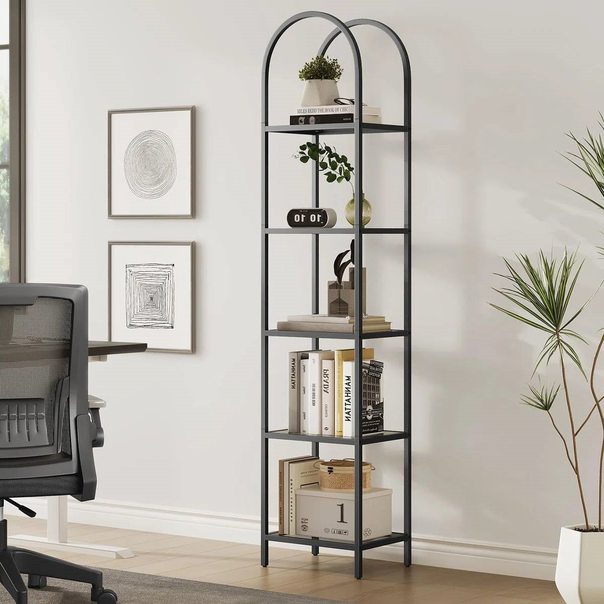 Arched Black Metal Bookcase with Glass Shelves