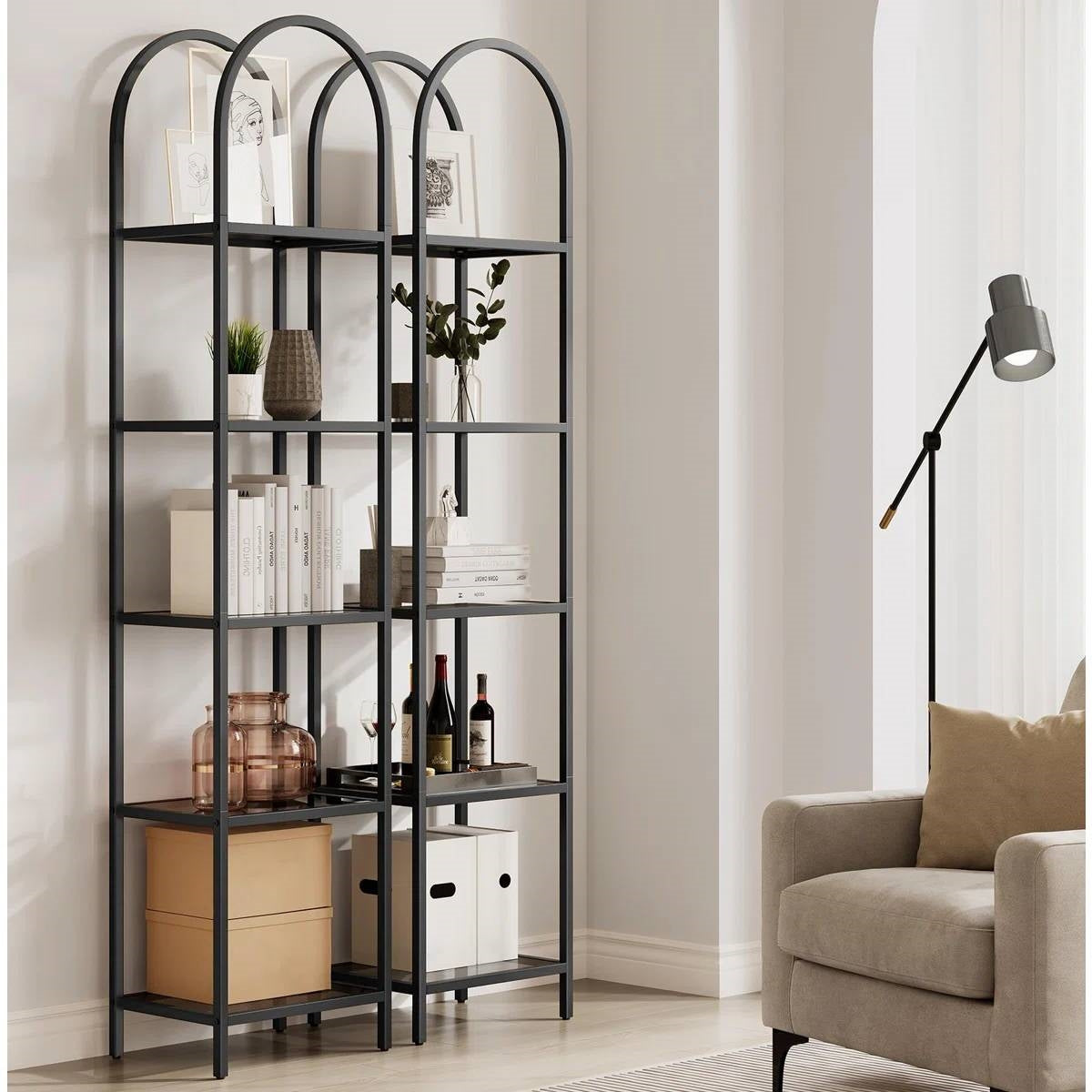 Arched Black Metal Bookcase with Glass Shelves
