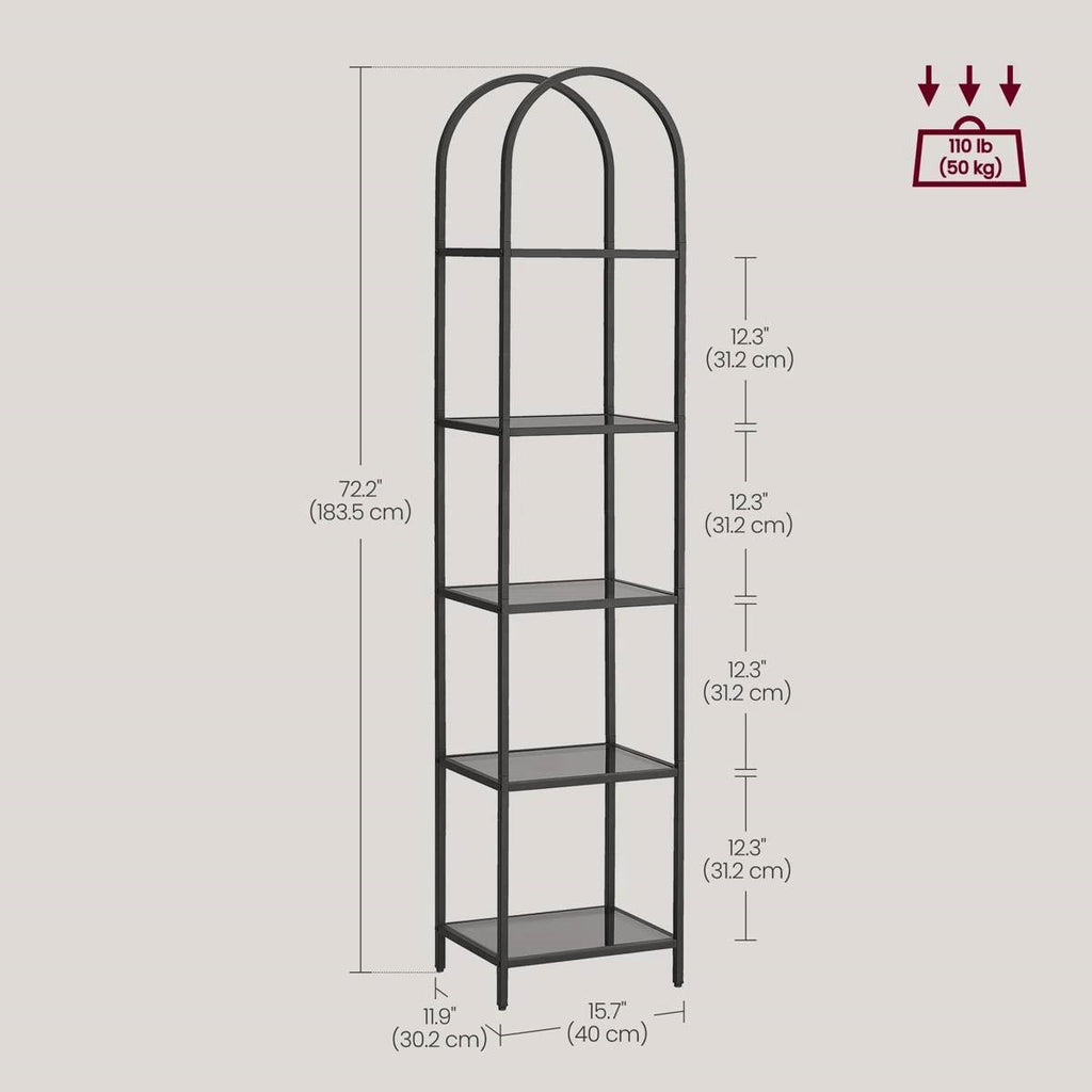 Arched Black Metal Bookcase with Glass Shelves