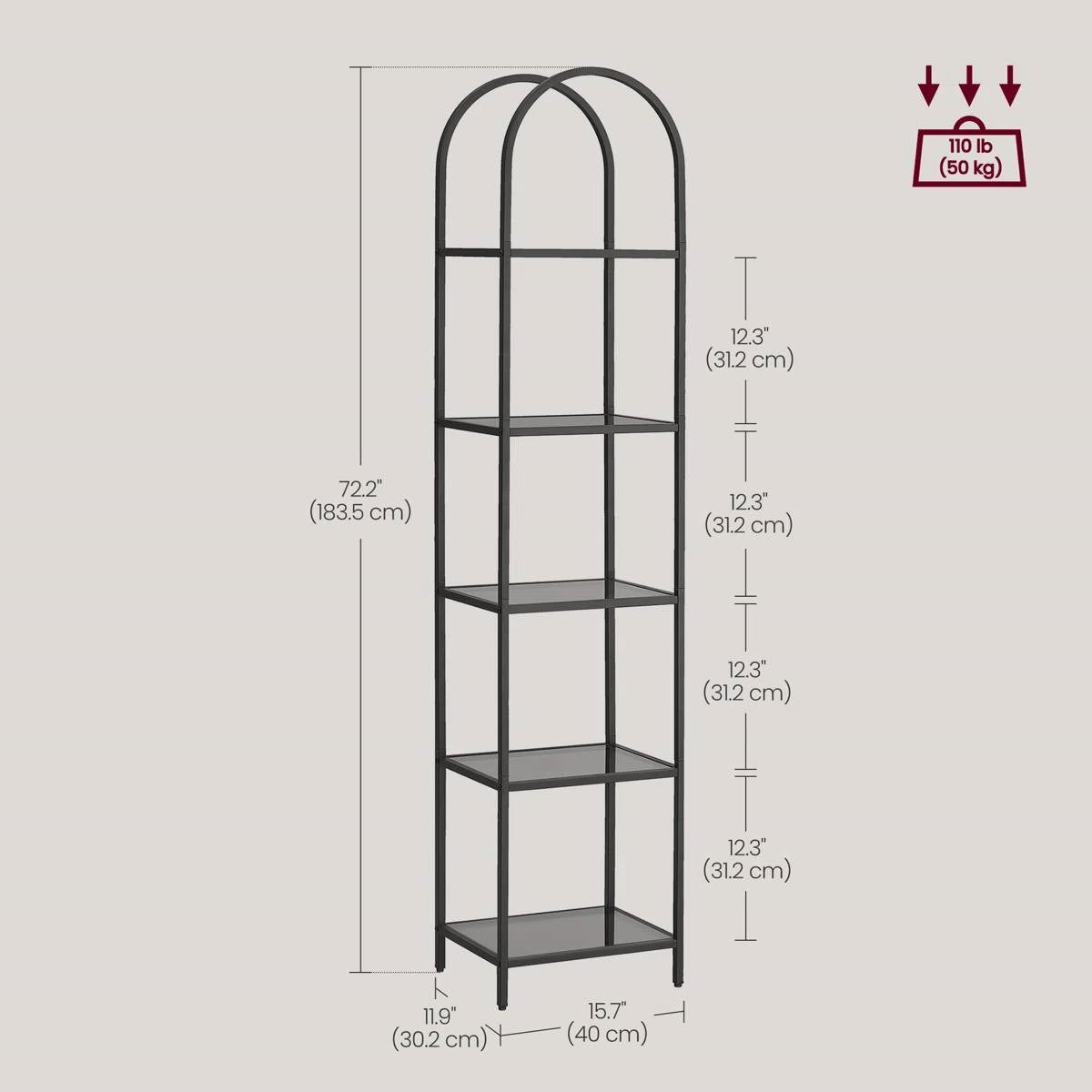 Arched Black Metal Bookcase with Glass Shelves
