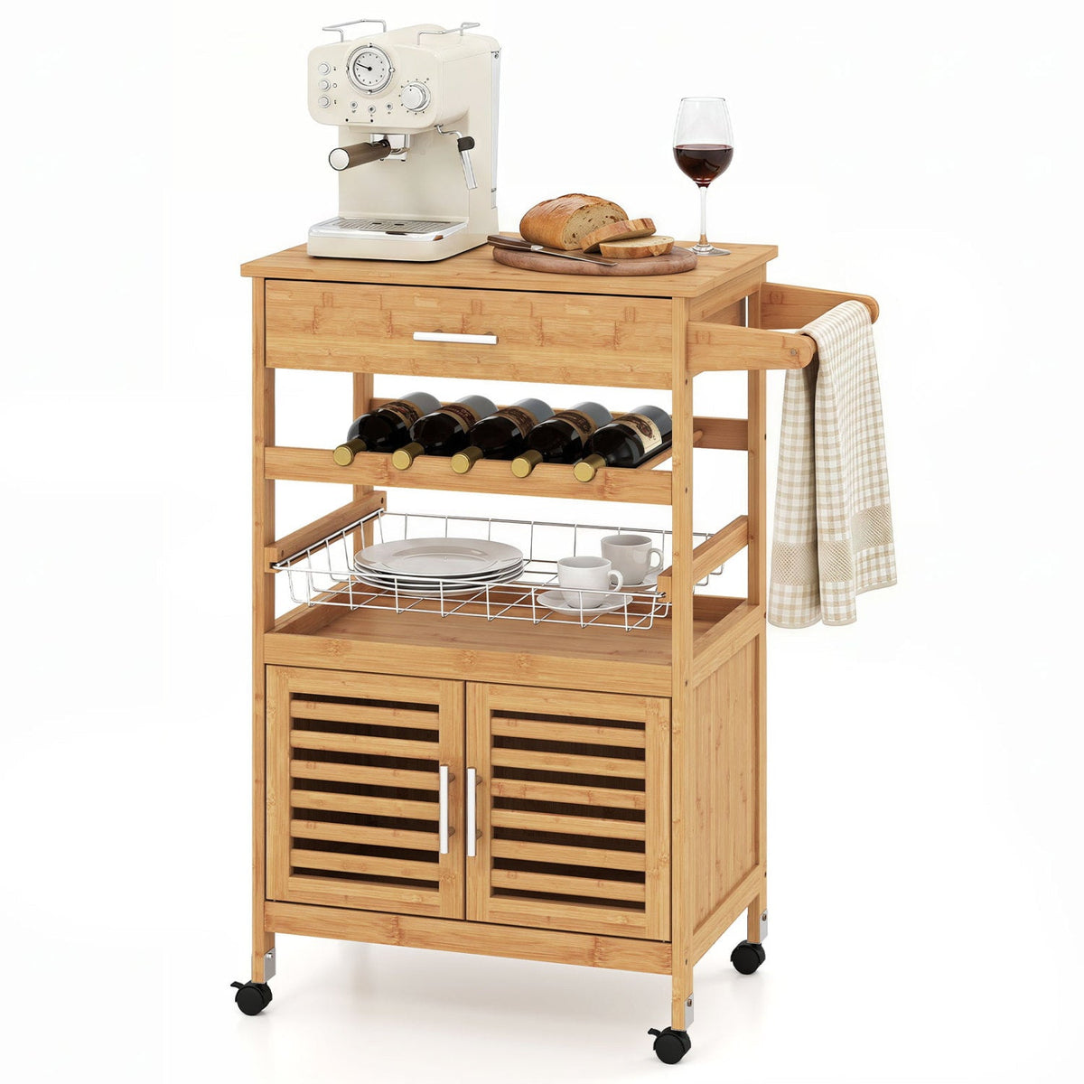 Rolling Kitchen Island Cart with Wine Rack & Storage