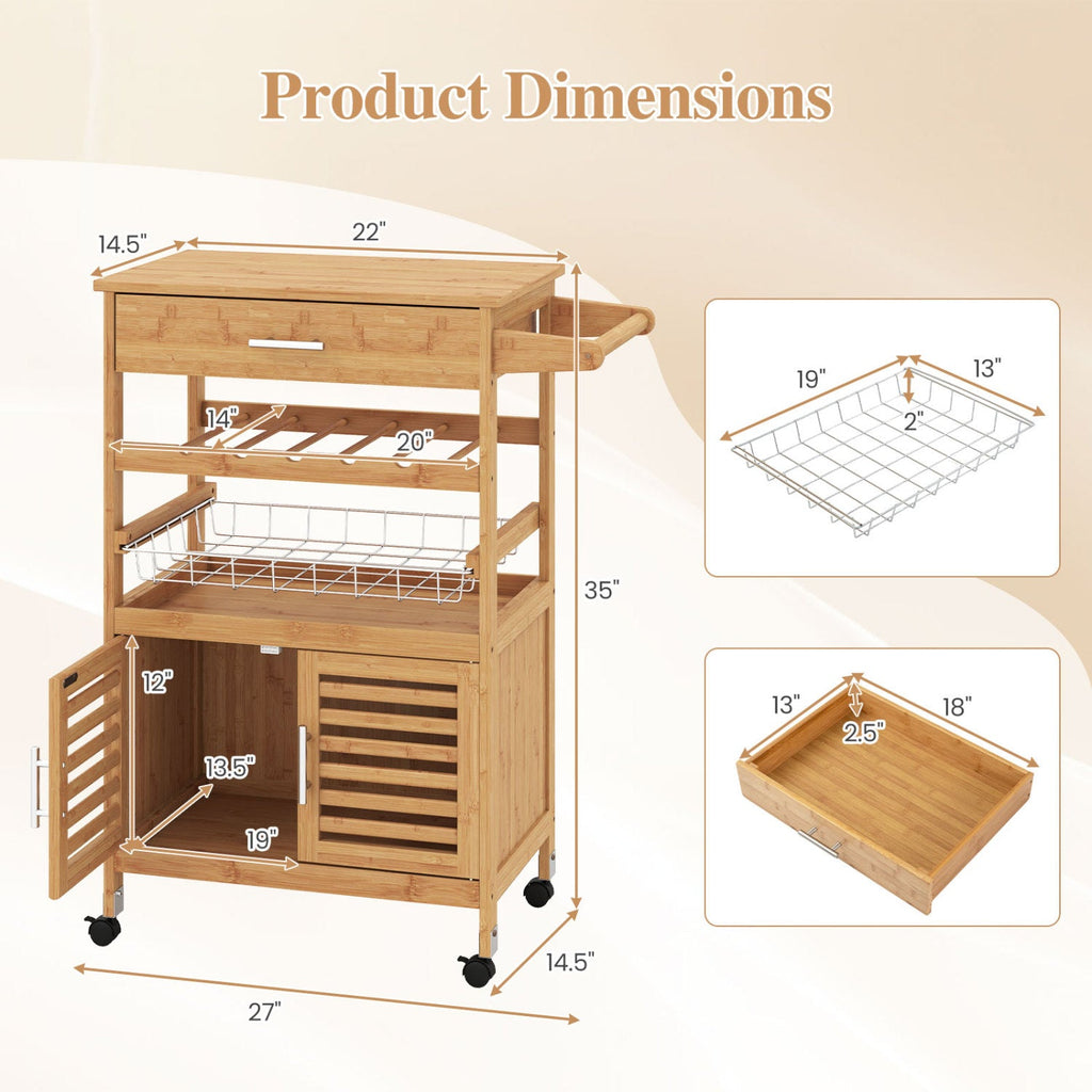 Rolling Kitchen Island Cart with Wine Rack & Storage