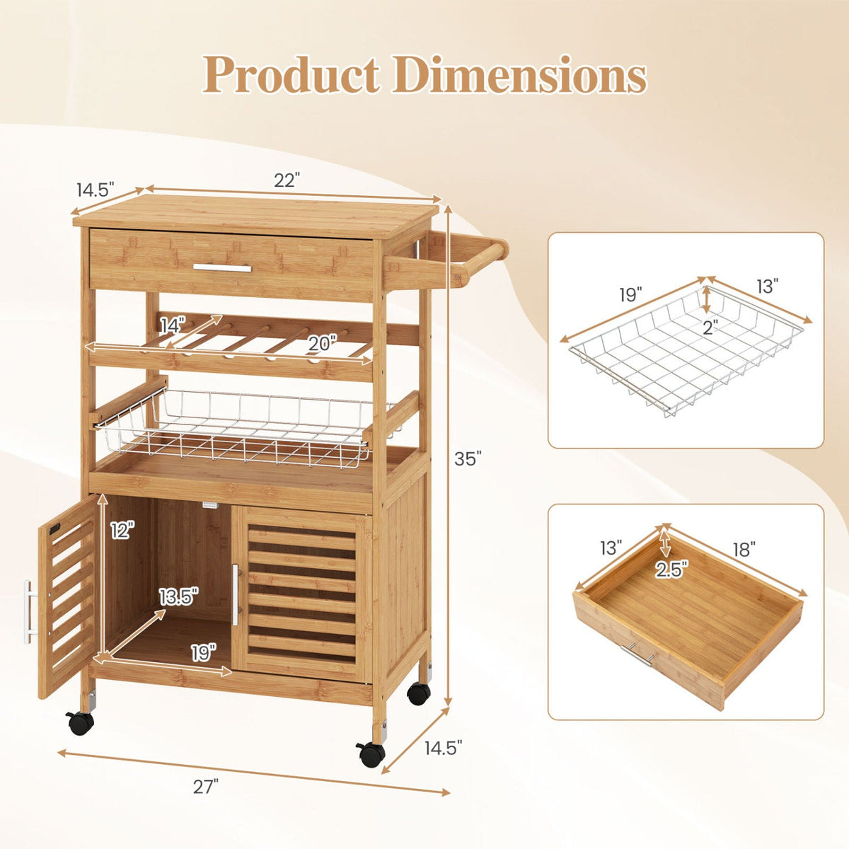 Rolling Kitchen Island Cart with Wine Rack & Storage