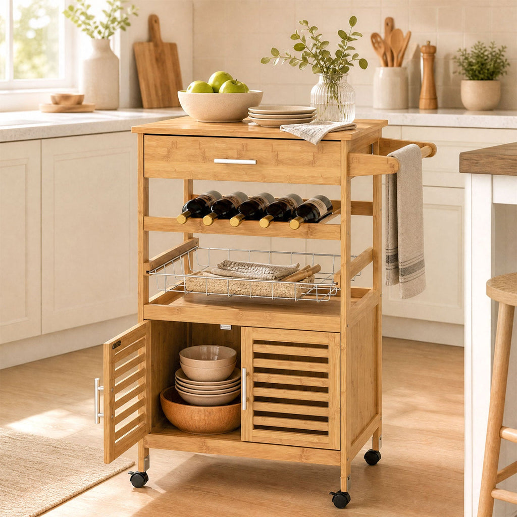 Rolling Kitchen Island Cart with Wine Rack & Storage