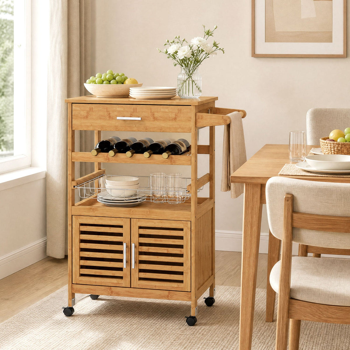 Rolling Kitchen Island Cart with Wine Rack & Storage