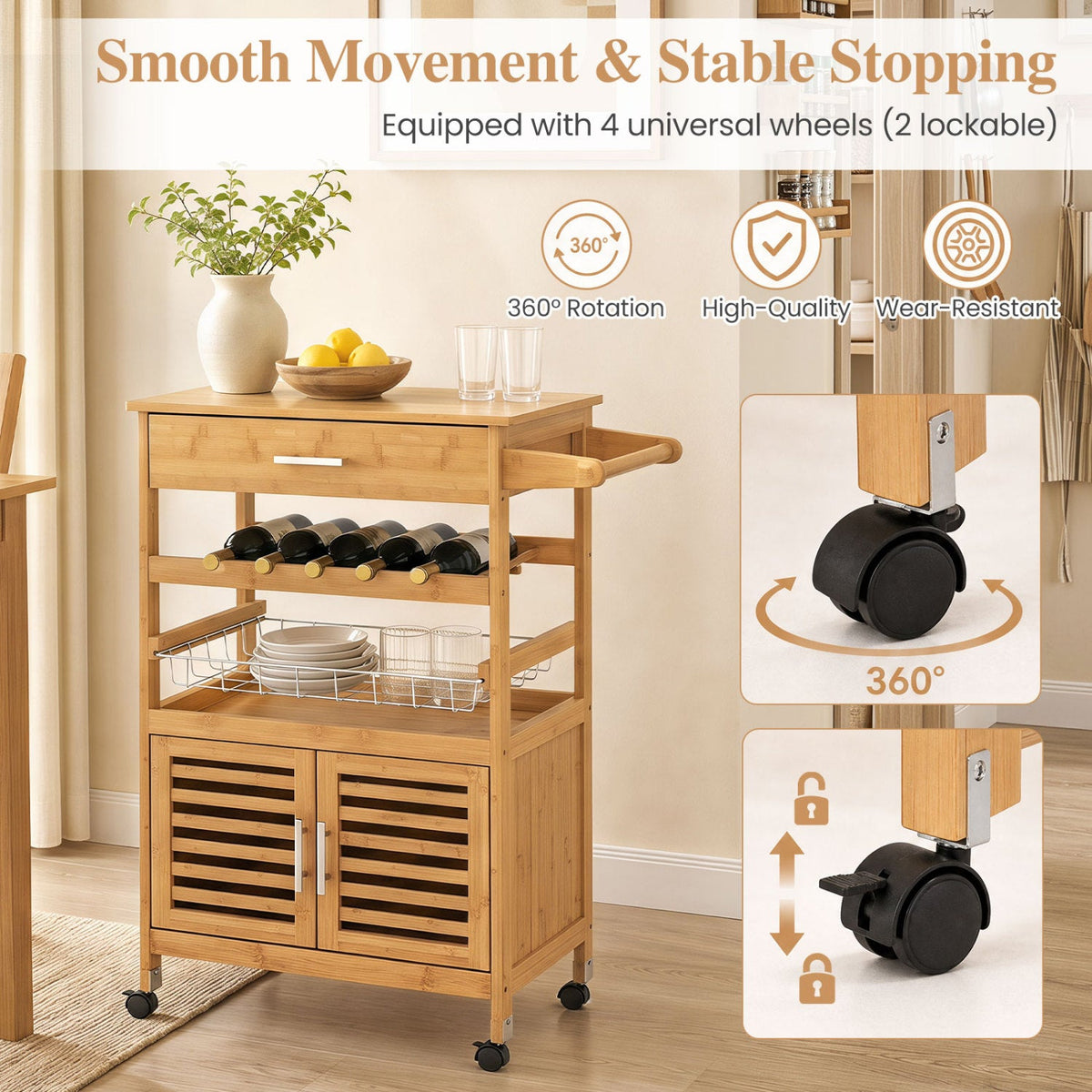 Rolling Kitchen Island Cart with Wine Rack & Storage