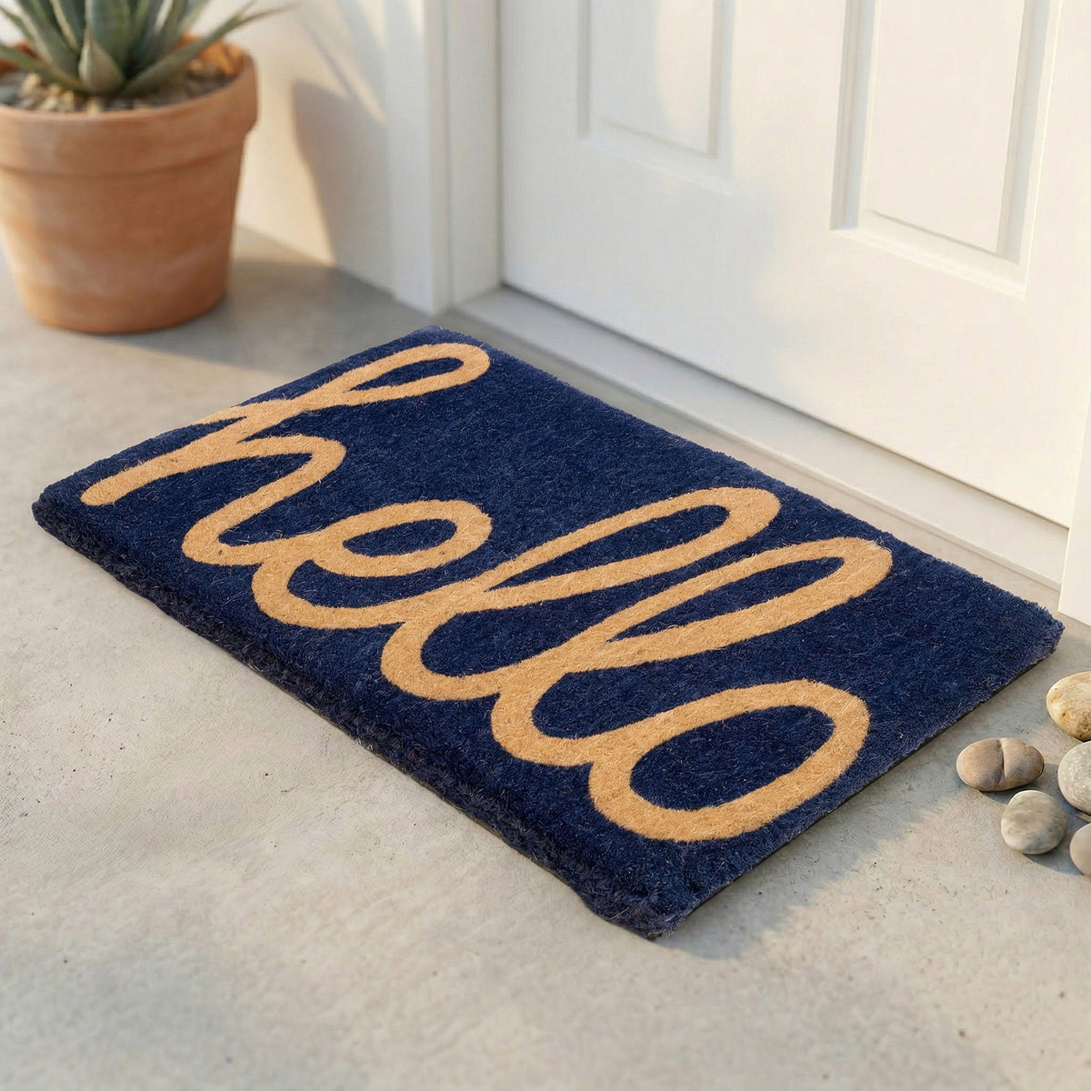 Fab Habitat Cursive Hello Dark Blue Coir Doormat