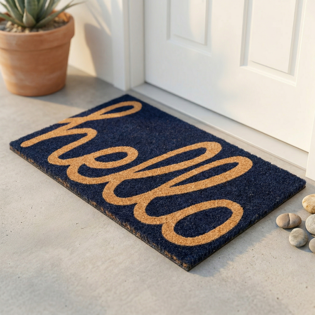 Fab Habitat Cursive Hello Dark Blue Coir Doormat