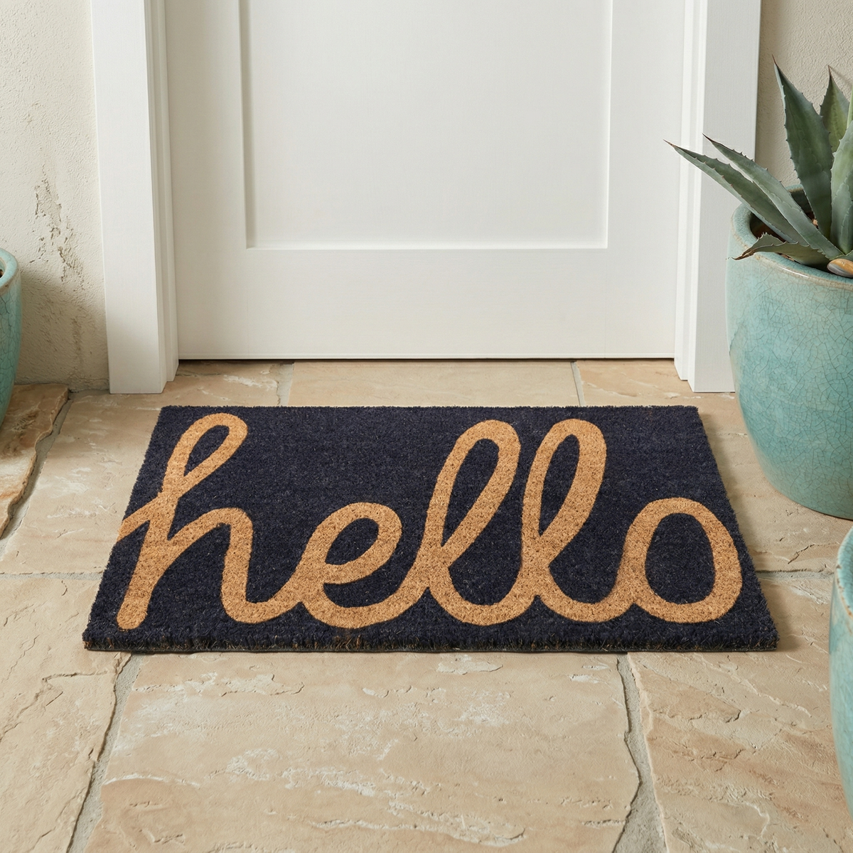 Fab Habitat Cursive Hello Dark Blue Coir Doormat