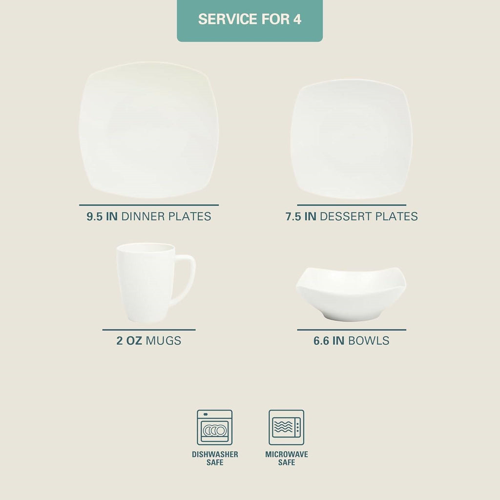White Square Porcelain 16-Piece Dinnerware Set